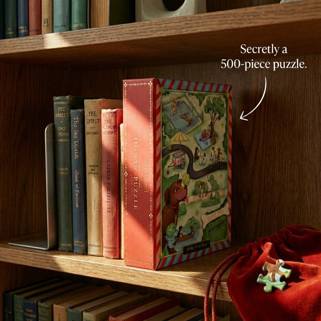 Bark in the park jigsaw puzzle box placed on a bookshelf with other books.