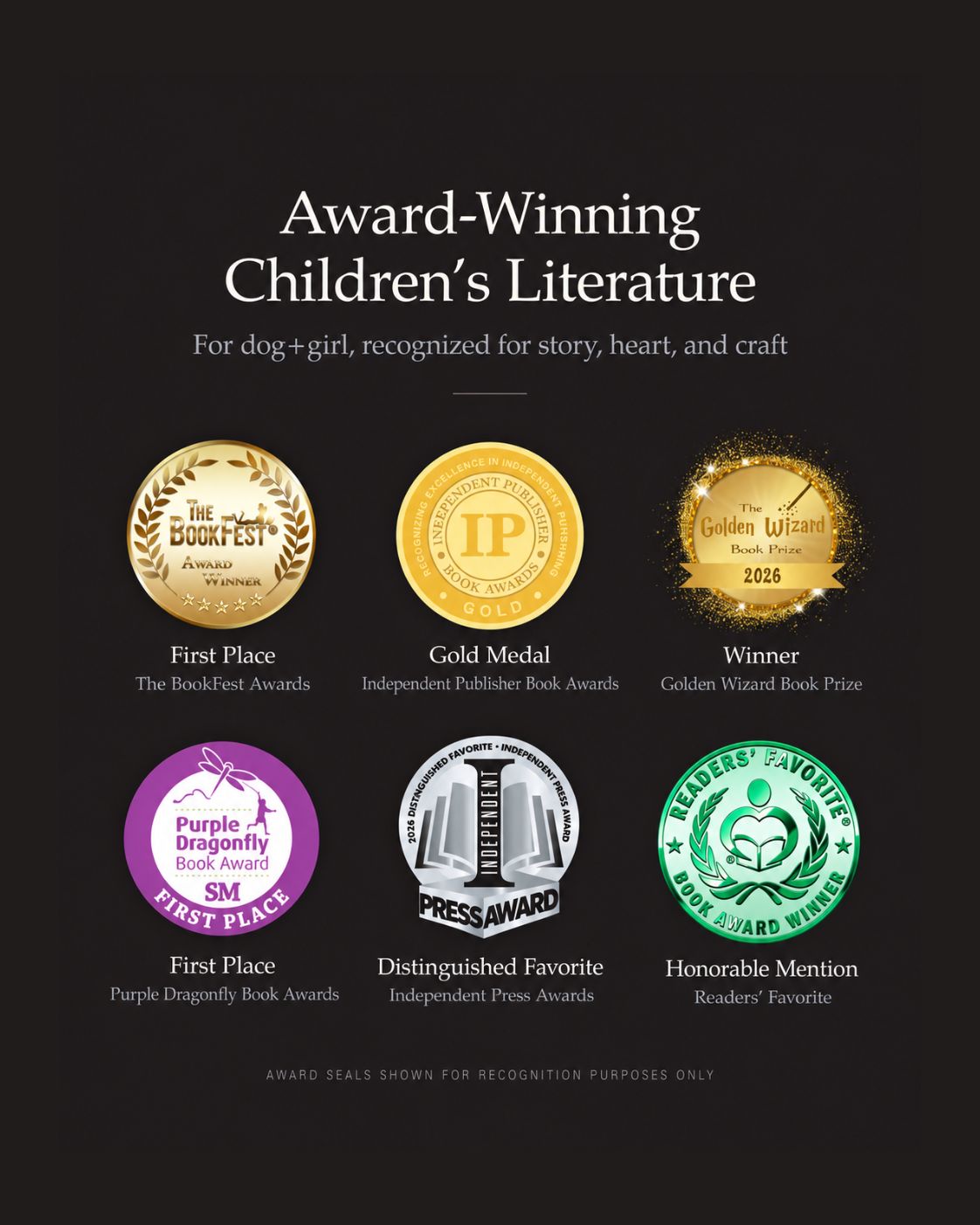 Children's picture book dog+girl by Maria Murillo, published by Lyvro Publishing. ISBN 9798990531307. Book award recognition seals including The BookFest Awards, Independent Press Awards, Independent Publisher Book Awards, Purple Dragonfly Book Awards, and Golden Wizard Book Prize.