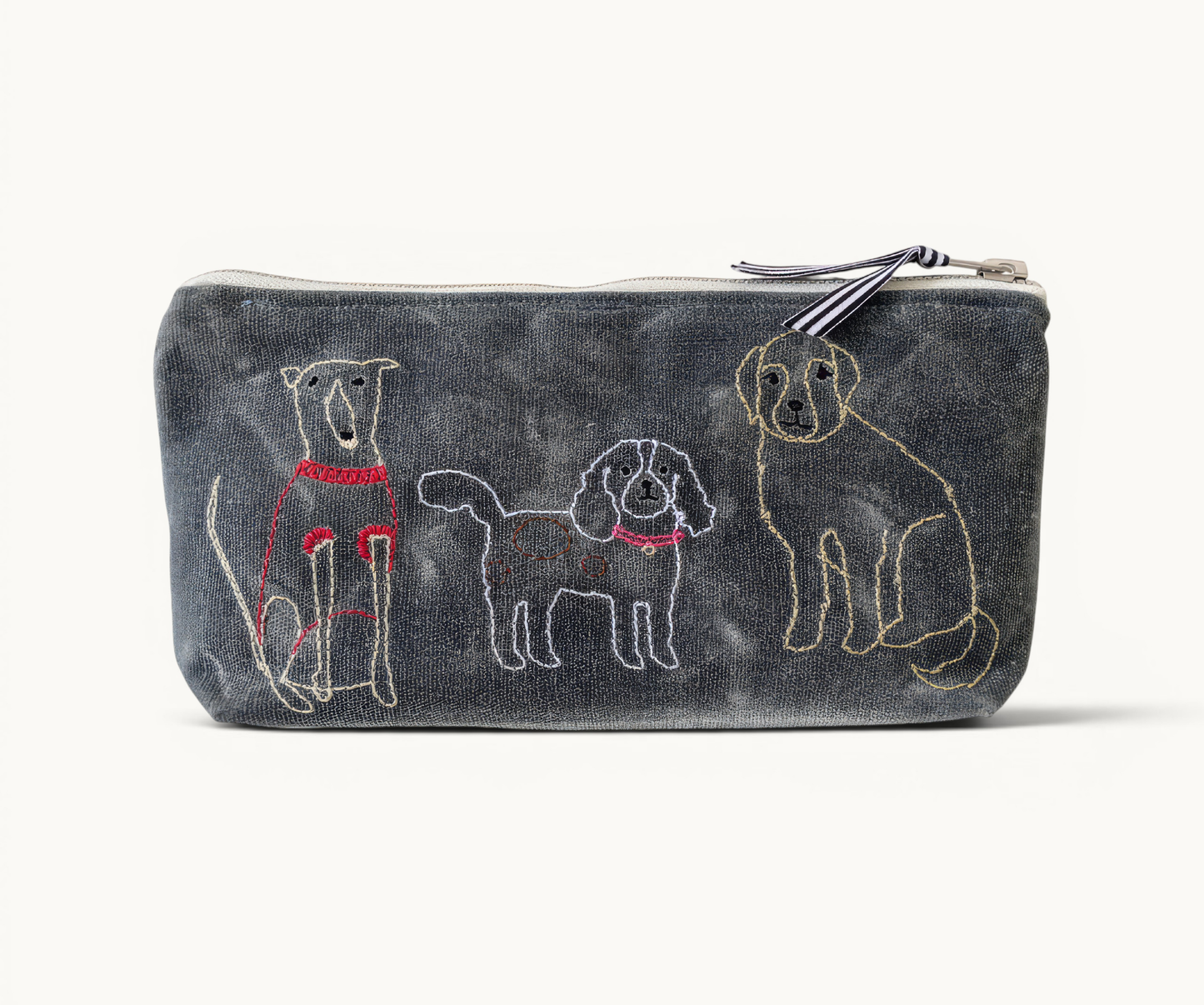 Grey waxed canvas pouch with embroidered dogs