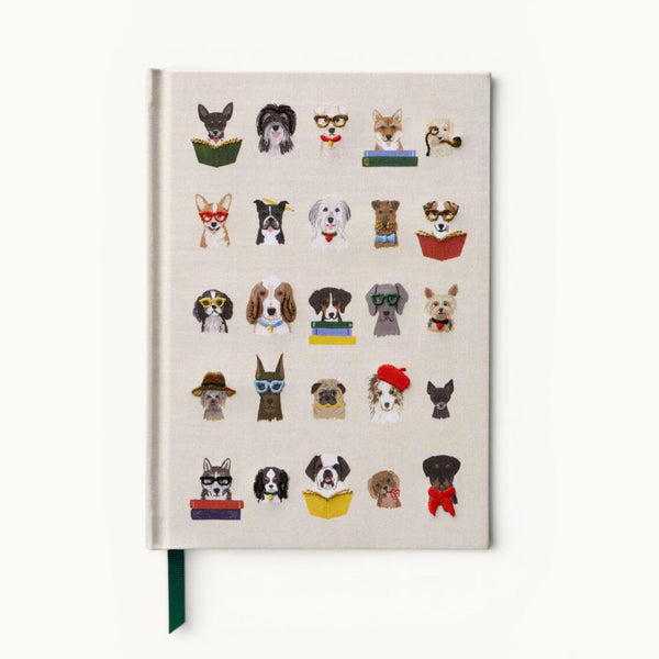 Embroidered journal with dog illustrations on the cover