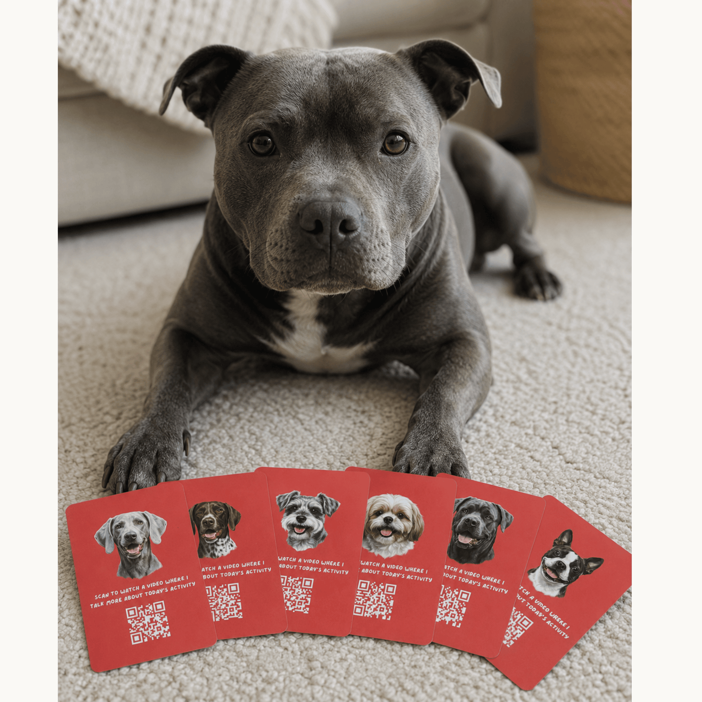 Dog lying on a carpet with a set of red cards featuring dog images and QR codes.