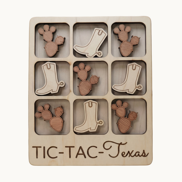 Wooden tic-tac-toe game with maple and mahogany design, travel-sized and handmade in the USA