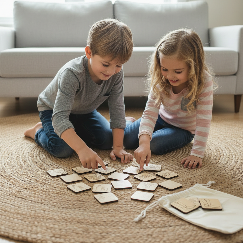 Two children playing with wooden tiles on a rug in a living room.
