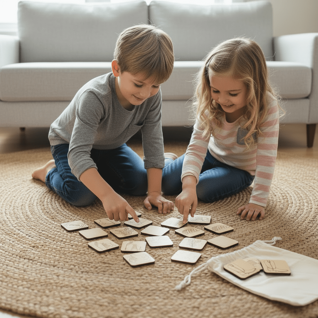 Two children playing Texas Memory Game on a rug in a living room.
