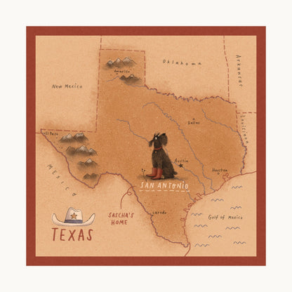 A square art print featuring a stylized map of Texas with hand-drawn state borders, labeled cities, mountains, rivers, and a cowboy hat with the word Texas. A small black Standard Schnauzer dog wearing red boots stands near San Antonio. dog+girl - Sascha the Schnauzer