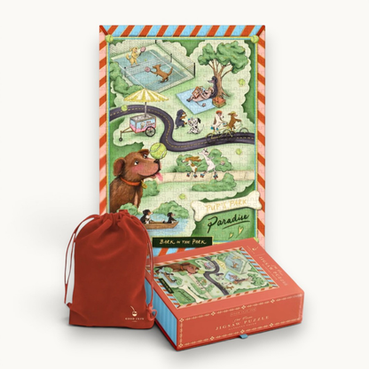 Illustrated puzzle box with a red drawstring bag on a white background