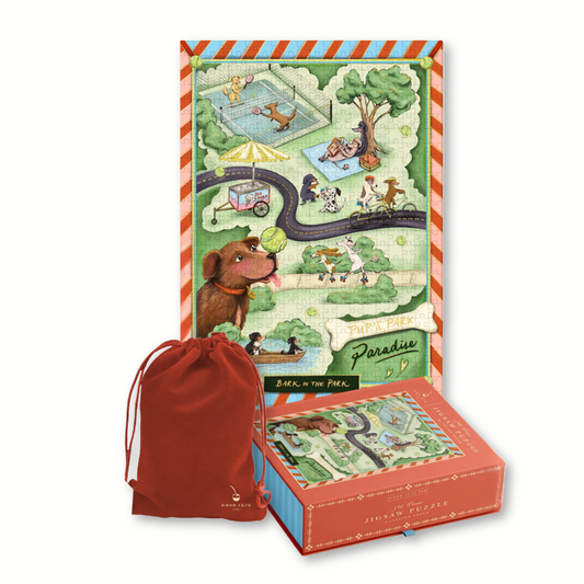 Illustrated puzzle box with a red drawstring bag on a white background
