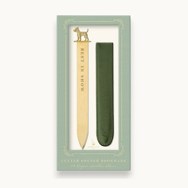Letter opener and leather bookmark set in packaging on a white background