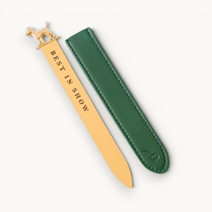Polished metal Best in Show Dog bookmark and letter opener with vegan leather sleeve in foil-stamped gift box