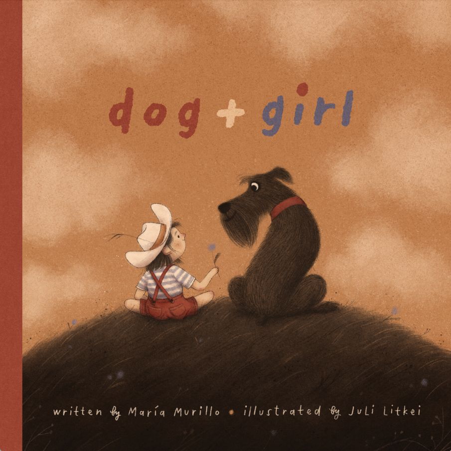 Book cover of 'dog+girl' with illustration of a girl and dog (standard schnauzer) sitting on a rock.
