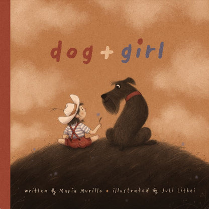 Book cover of 'dog+girl' with illustration of a girl and dog (standard schnauzer) sitting on a rock.