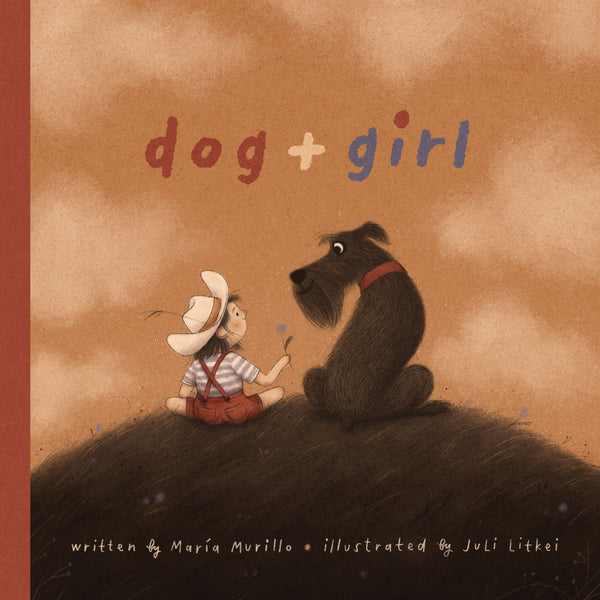 Book cover of 'dog+girl' with illustration of a girl and dog (standard schnauzer) sitting on a hill.