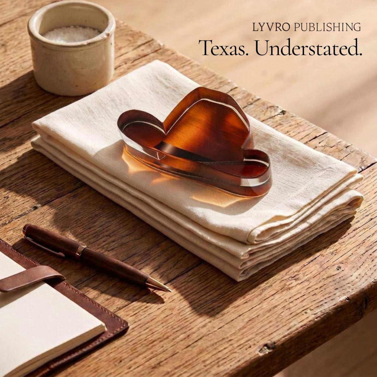 A cowboy hat-shaped amber acrylic napkin holder or decorative piece resting on folded cream linen napkins atop a rustic wooden table, with a ceramic cup, pen, and notebook nearby. Text in the upper right reads 'LYVRO PUBLISHING Texas, understated..