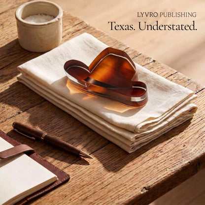A cowboy hat-shaped amber acrylic napkin holder or decorative piece resting on folded cream linen napkins atop a rustic wooden table, with a ceramic cup, pen, and notebook nearby. Text in the upper right reads 'LYVRO PUBLISHING Texas, understated..
