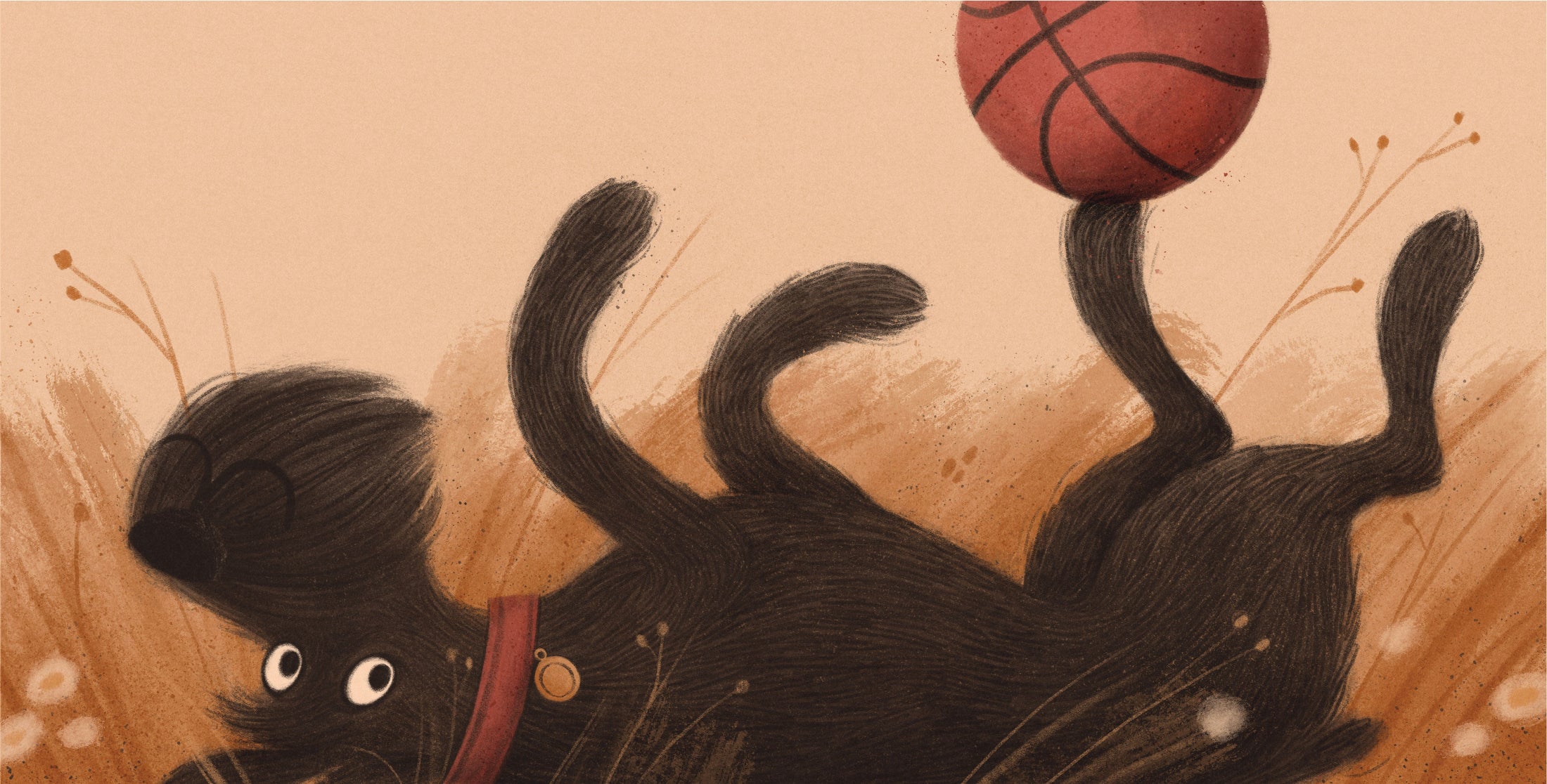 Illustration of a black dog playing with a basketball on a beige background