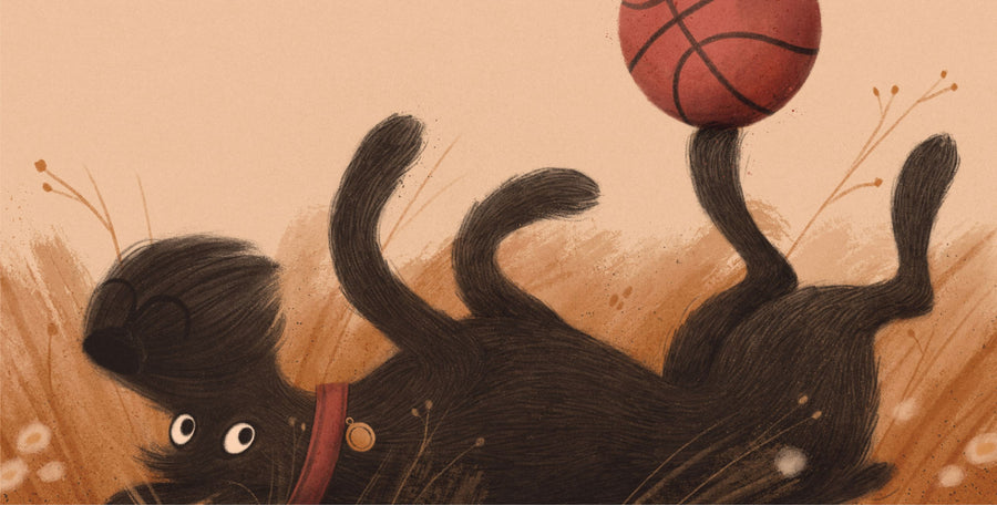 Illustration of a black dog playing with a basketball on a beige background