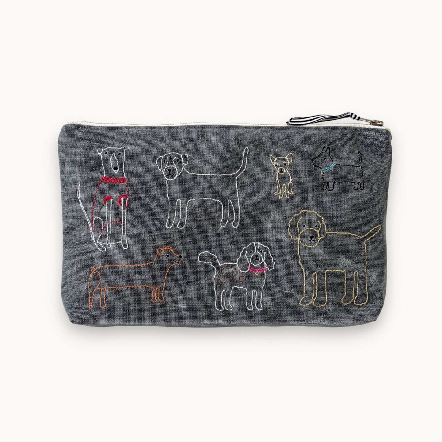 A dark gray zippered pouch featuring embroidered dog illustrations in various colors on a light off-white background.