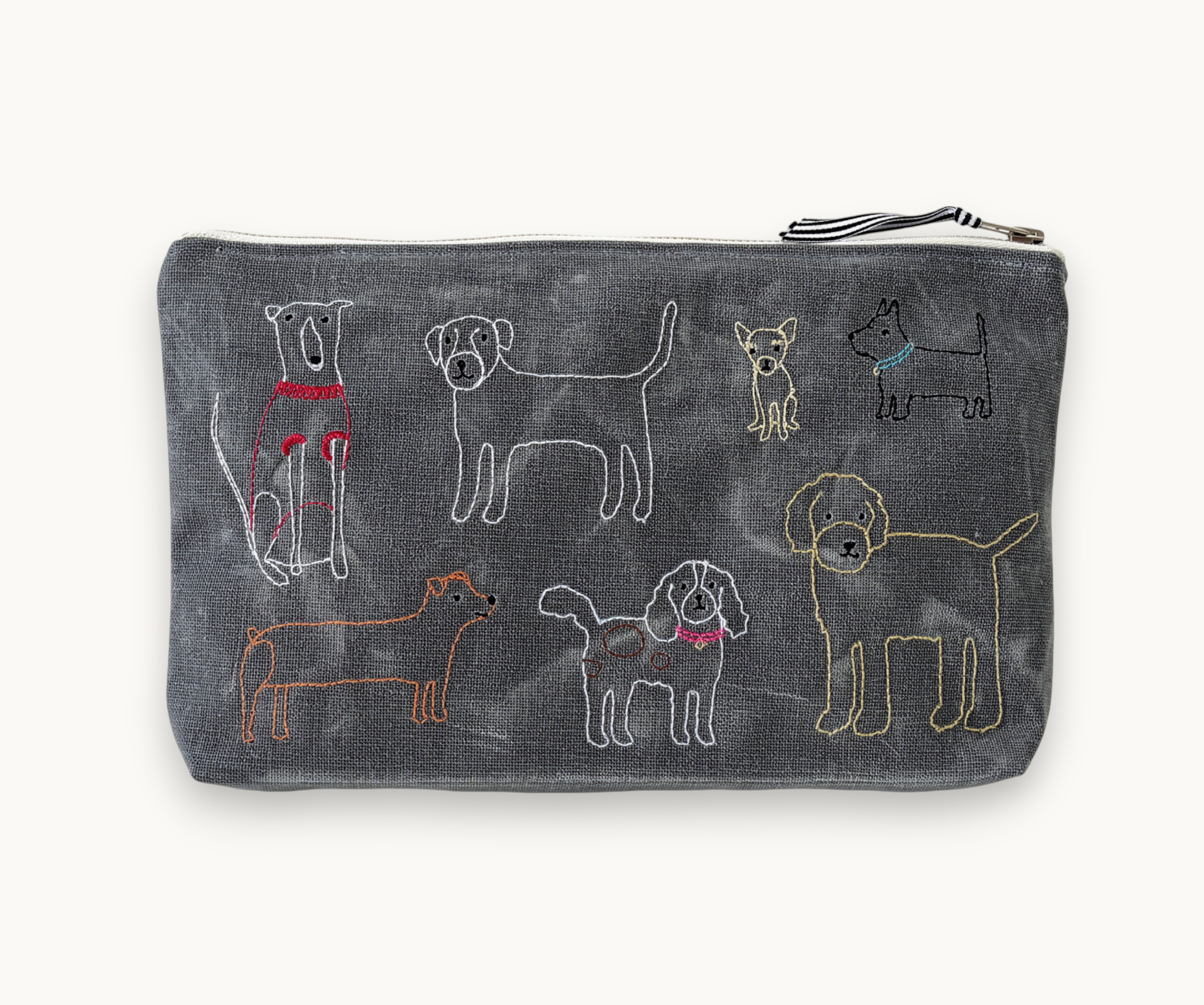 Grey waxed canvas pouch with embroidered designs of dogs