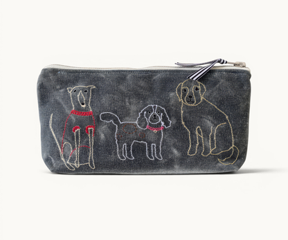 Grey waxed canvas pouch with embroidered dogs