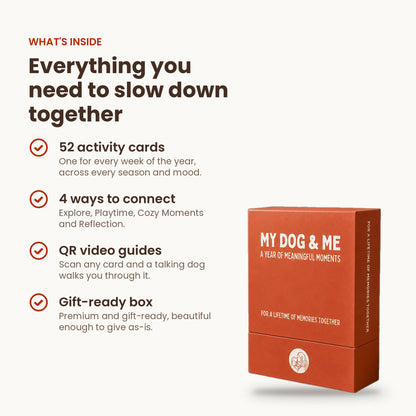 Promotional graphic for a dog-themed activit card box set titled 'My Dog & Me: A Year of Meaningful Moments.' The left side lists included items: 52 activity cards, 4 ways to connect, QR video guides, and a gift-ready box.