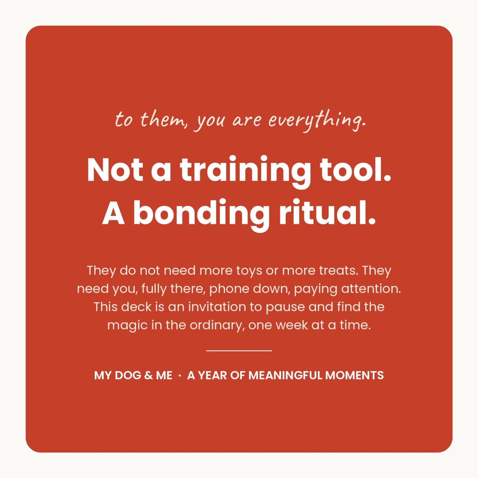 A square red card with rounded corners and white text reading, 'to them, you are everything. Not a training tool.