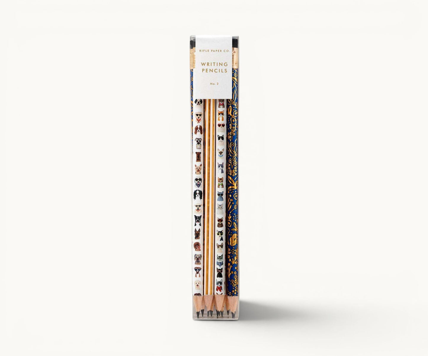Pencil set with decorative cat & dog designs in a packaging box on a white background