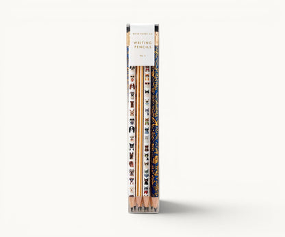 Pencil set with decorative cat & dog designs in a packaging box on a white background