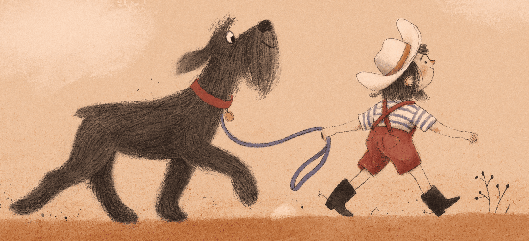 Illustration of a child walking a standard schnauzer dog on a leash against a beige background