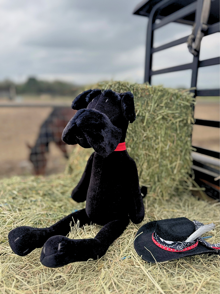 Black standard schnauzer plush dog toy from children's picture book dog+girl with a red collar on a hay bale with a horse in the background.