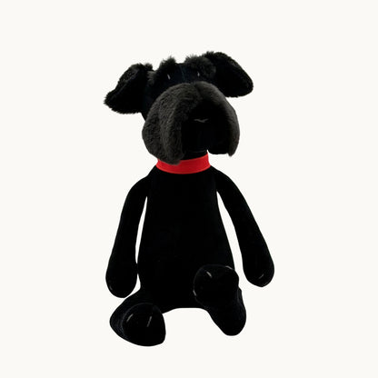 Sascha the Schnauzer from children's picture book dog+girl black plush dog toy with a red collar on a white background.Sascha plush. dog+girl plush. plush dog. stuffed animal.