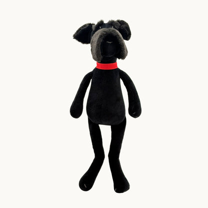 Sascha the Schnauzer from children's picture book dog+girl black plush dog toy with a red collar on a white background. Sascha plush. dog+girl plush. plush dog. stuffed animal.