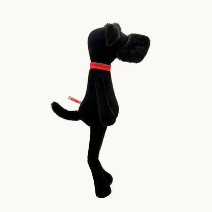 Sascha the Schnauzer from children's picture book dog+girl black plush dog toy with a red collar on a white background.Sascha plush. dog+girl plush. plush dog. stuffed animal.