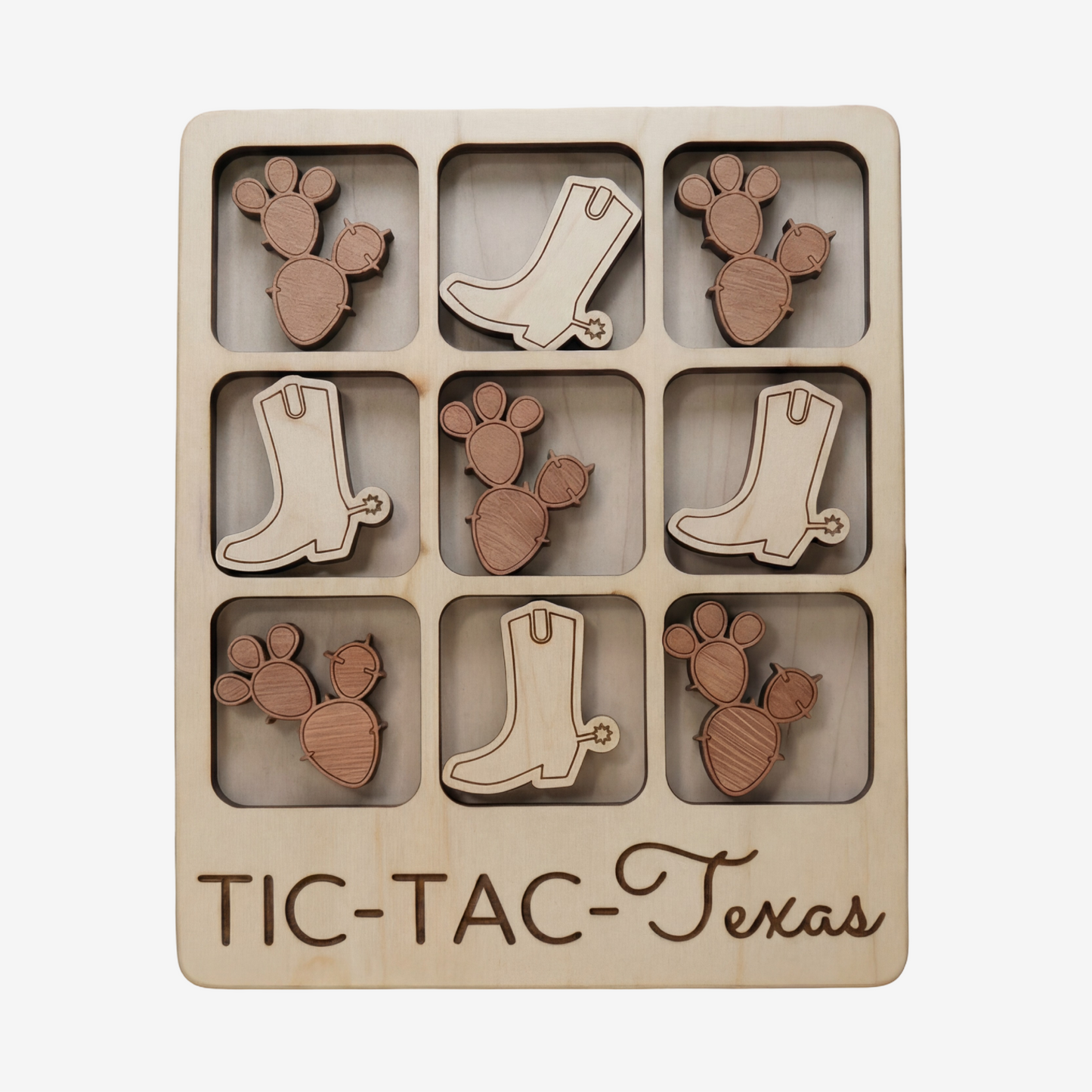 Wooden tic-tac-toe game with maple and mahogany design, travel-sized and handmade in the USA