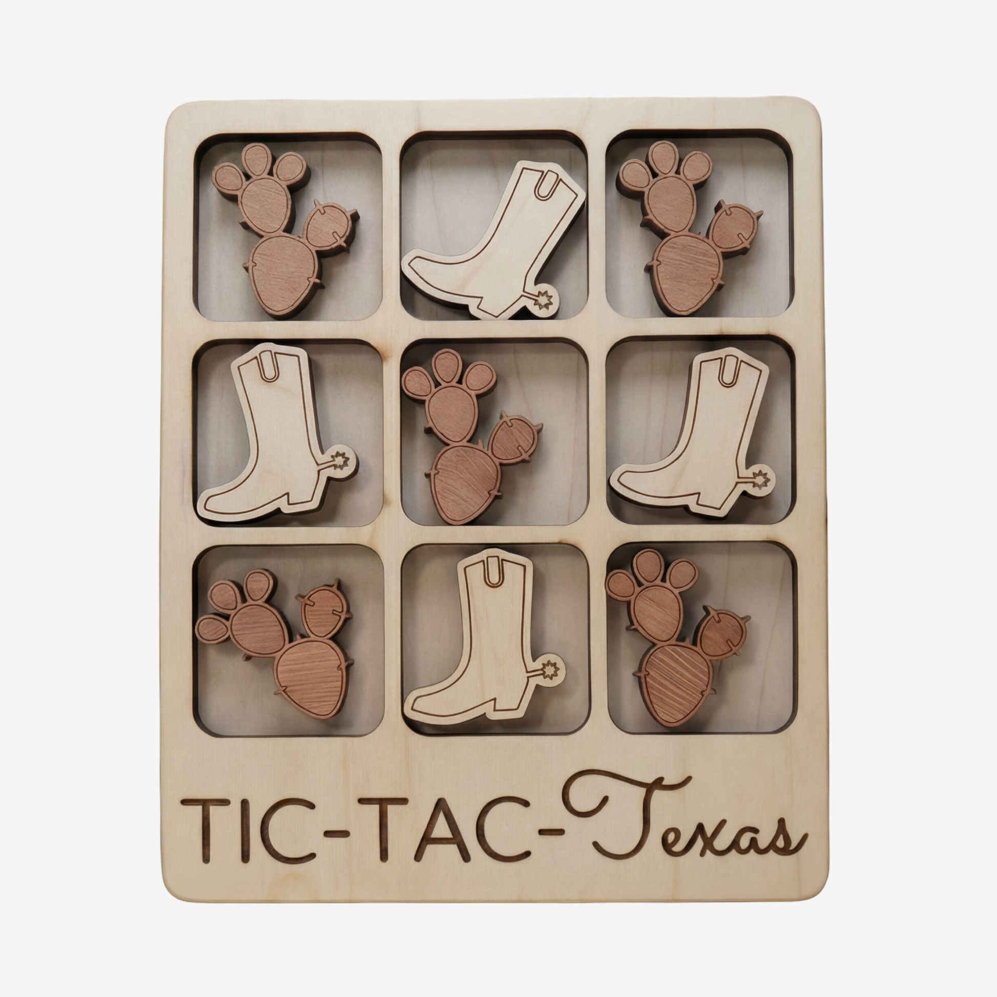 Wooden tic-tac-toe game with maple and mahogany design, travel-sized and handmade in the USA