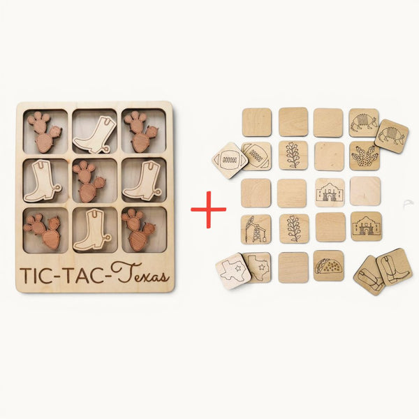 Wooden Tic-Tac-Toe / Tic-Tac-Texas game set with Texas Wooden Memory game