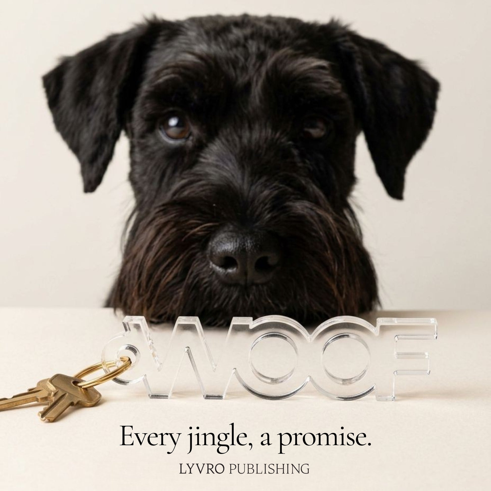 A black standard schnauzer's face is shown behind a clear acrylic keychain spelling 'WOOF' on a light cream background, with a set of keys resting on the keychain. Text at the bottom reads 'Every jingle, a promise'.