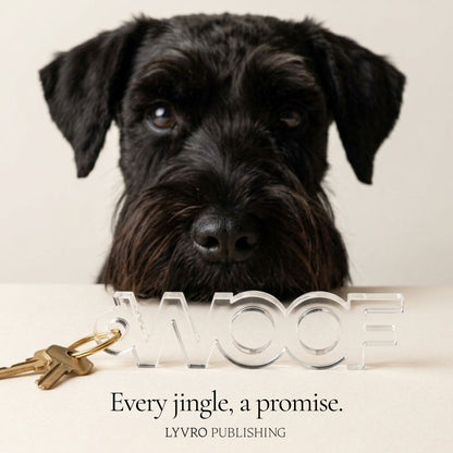 A black standard schnauzer's face is shown behind a clear acrylic keychain spelling 'WOOF' on a light cream background, with a set of keys resting on the keychain. Text at the bottom reads 'Every jingle, a promise'.